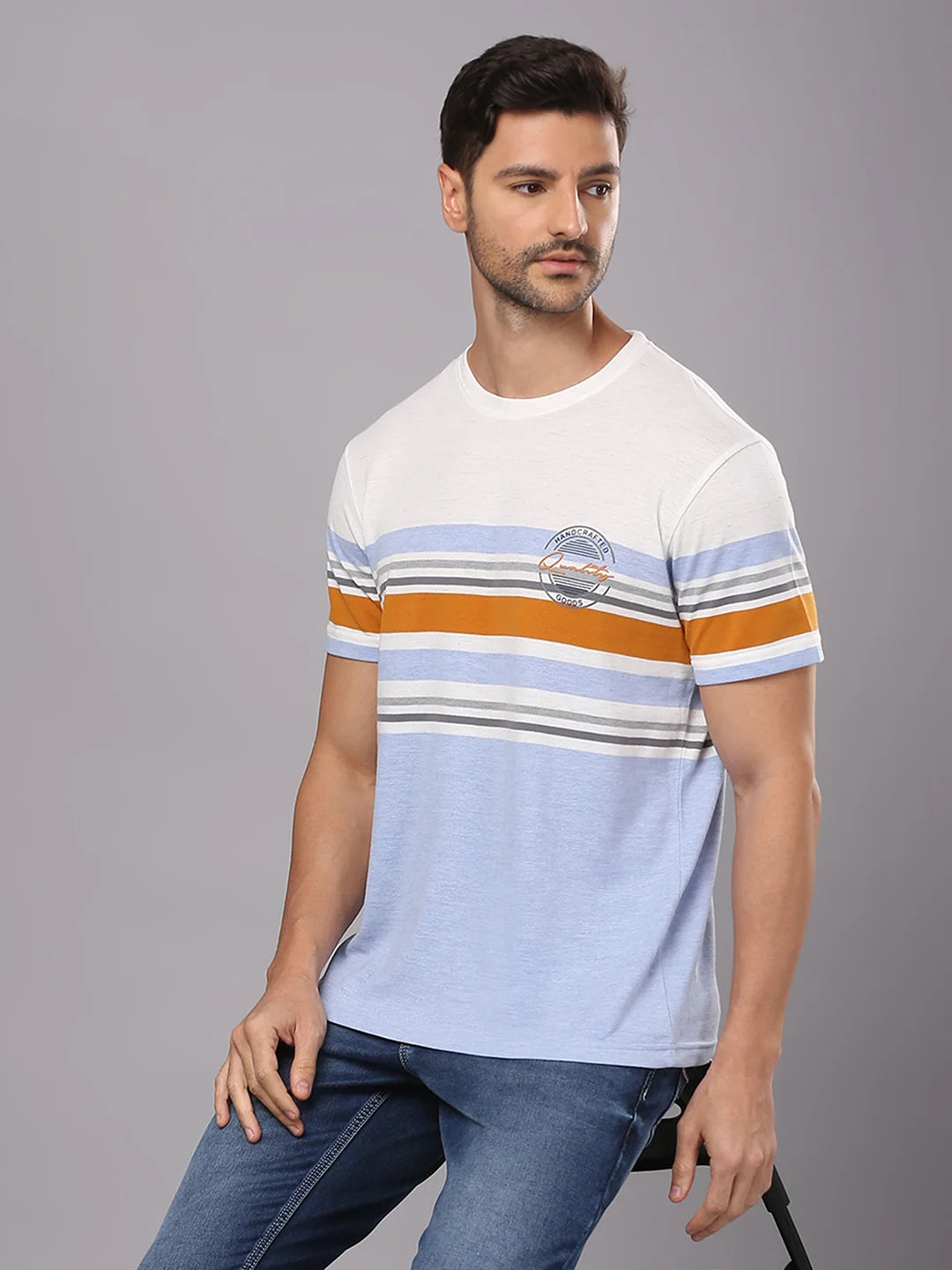 Ecru Melange Sky Blue Solid Round Regular H/S T-Shirt