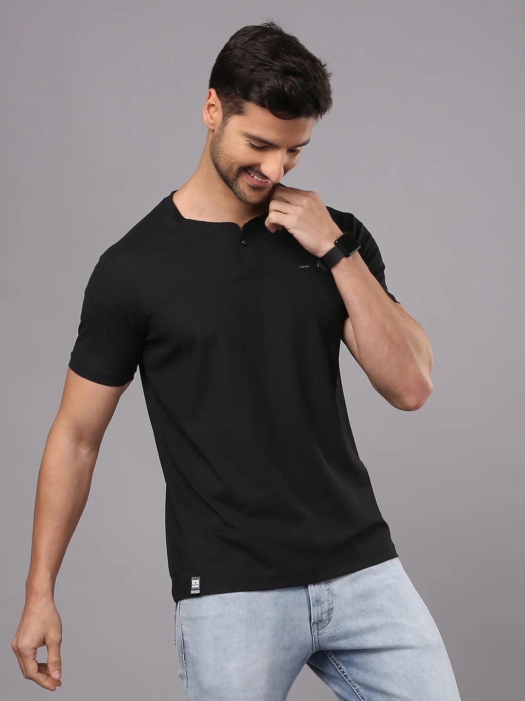 Minimal X Black Henley Neck T-Shirt