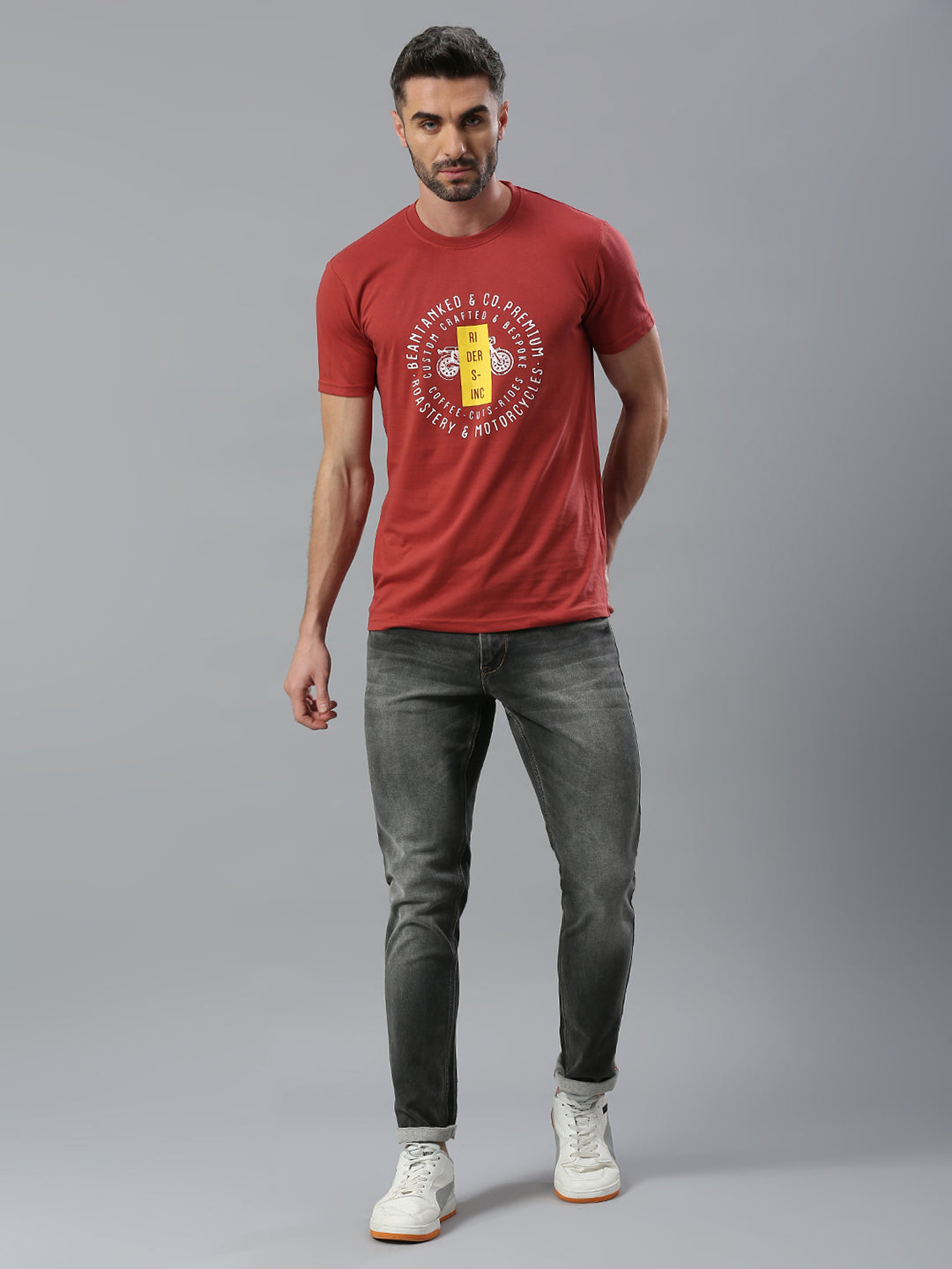 Brick Red Printed Regular Fit Half Sleeve T-Shirt