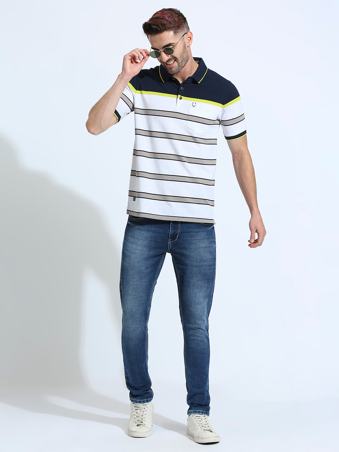 Navy Neongreen Striped Regular Fit Half Sleeve T-Shirt