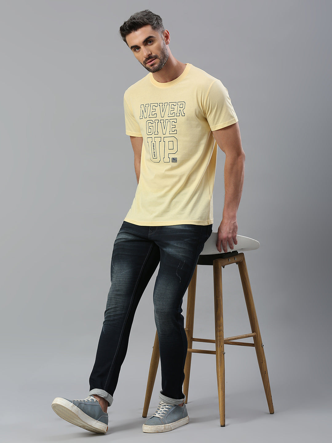 Yellow Printed Regular Fit Half Sleeve T-Shirt