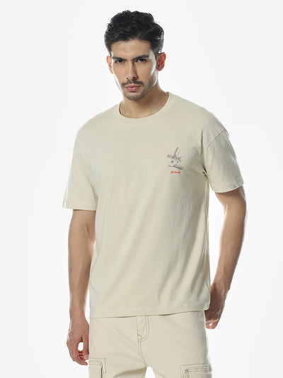 Beige Printed Round Regular Fit T-Shirt