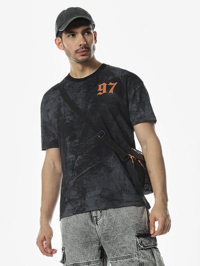 Black Printed Round Regular Fit T-Shirt