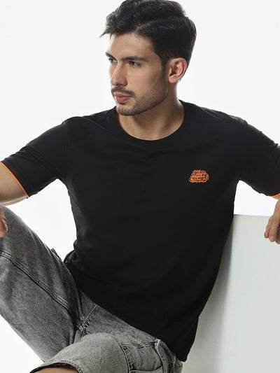 Black Printed Round Regular Fit T-Shirt
