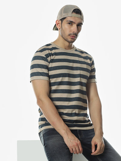 Beige Striped Round Regular Fit T-Shirt