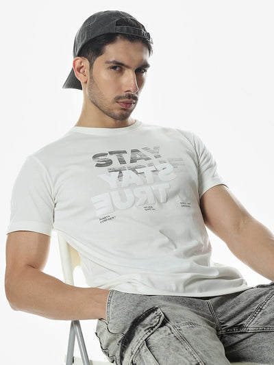 Off White Printed Round Regular Fit T-Shirt