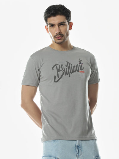 Lt. Grey Printed Round Regular Fit T-Shirt