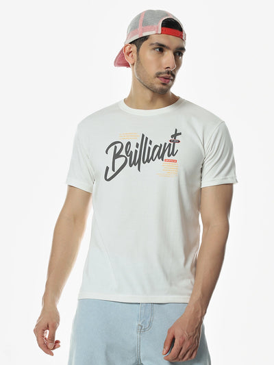 Off White Printed Round Regular Fit T-Shirt