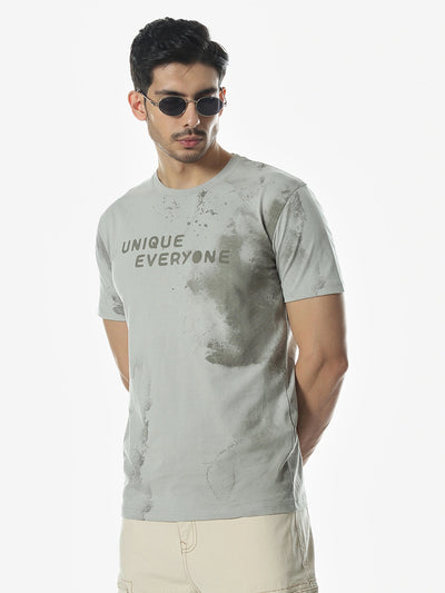 Grey Printed Round Regular Fit T-Shirt