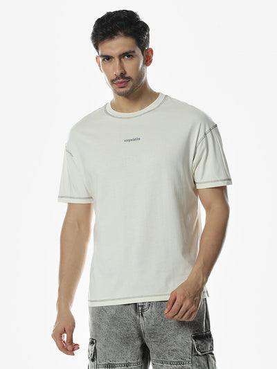 Off White Printed Round Oversized T-Shirt