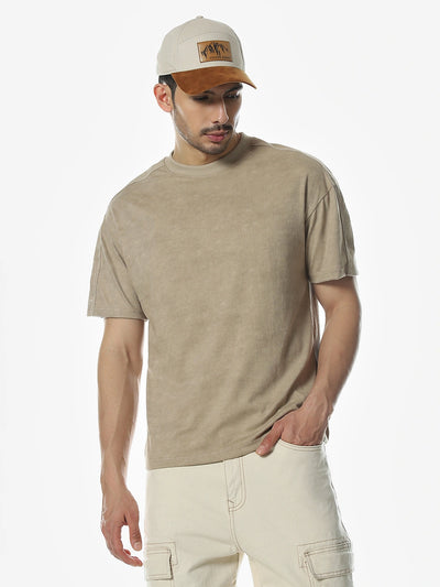 Beige Solid Round Regular Fit T-Shirt