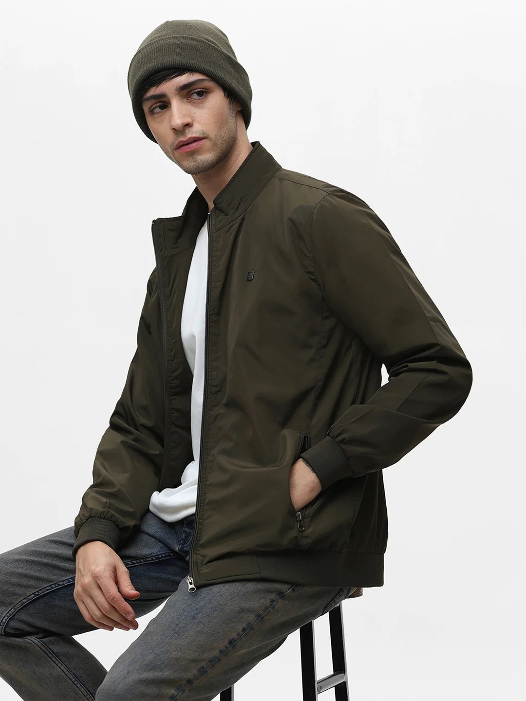 Olive Solid Band Jacket