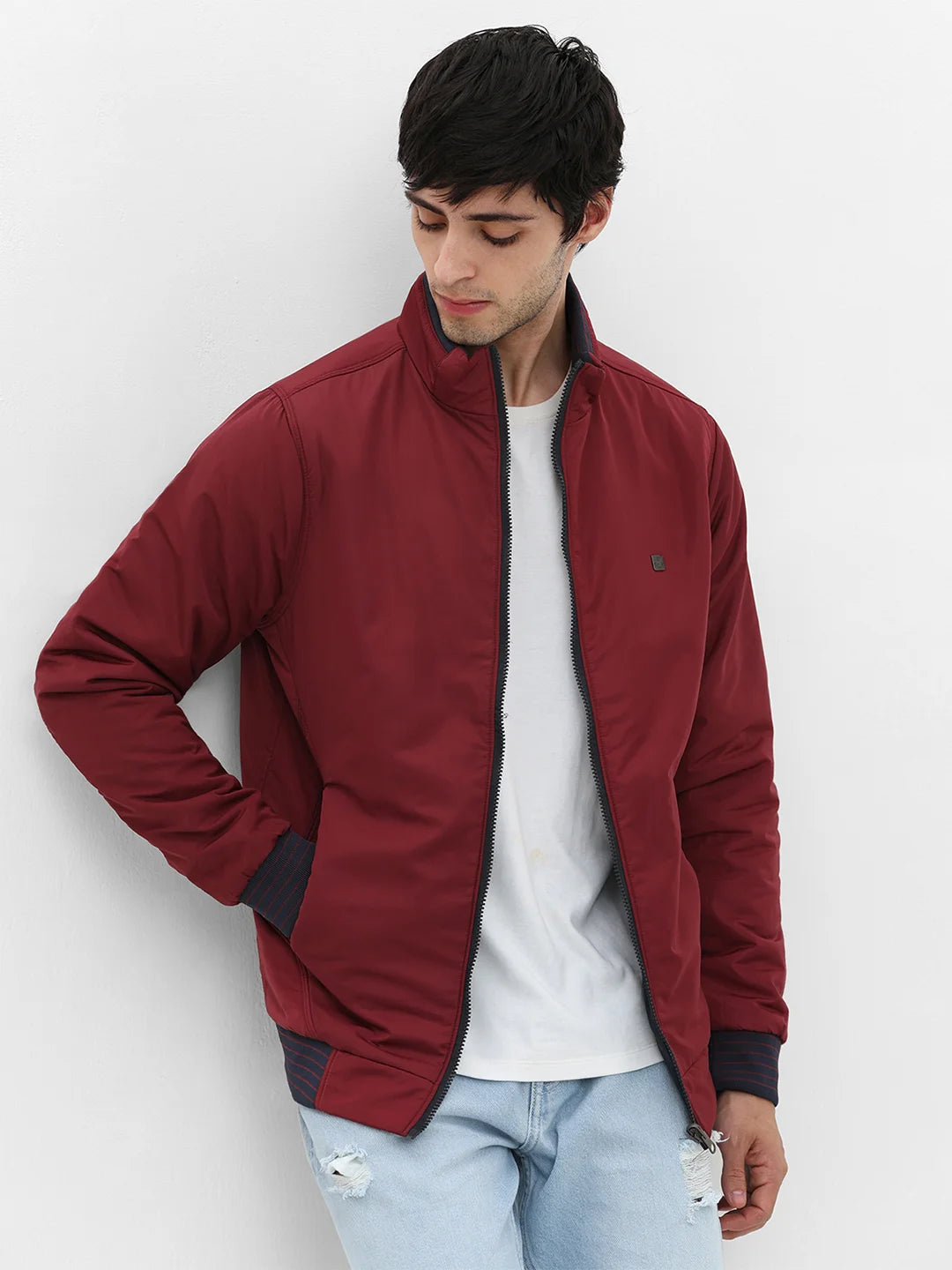 Cherry and Navy Solid Zipper Jacket