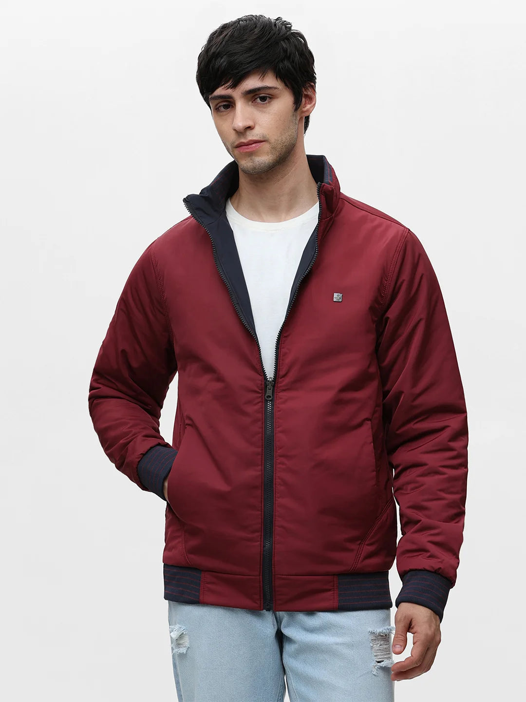 Cherry and Navy Solid Zipper Jacket