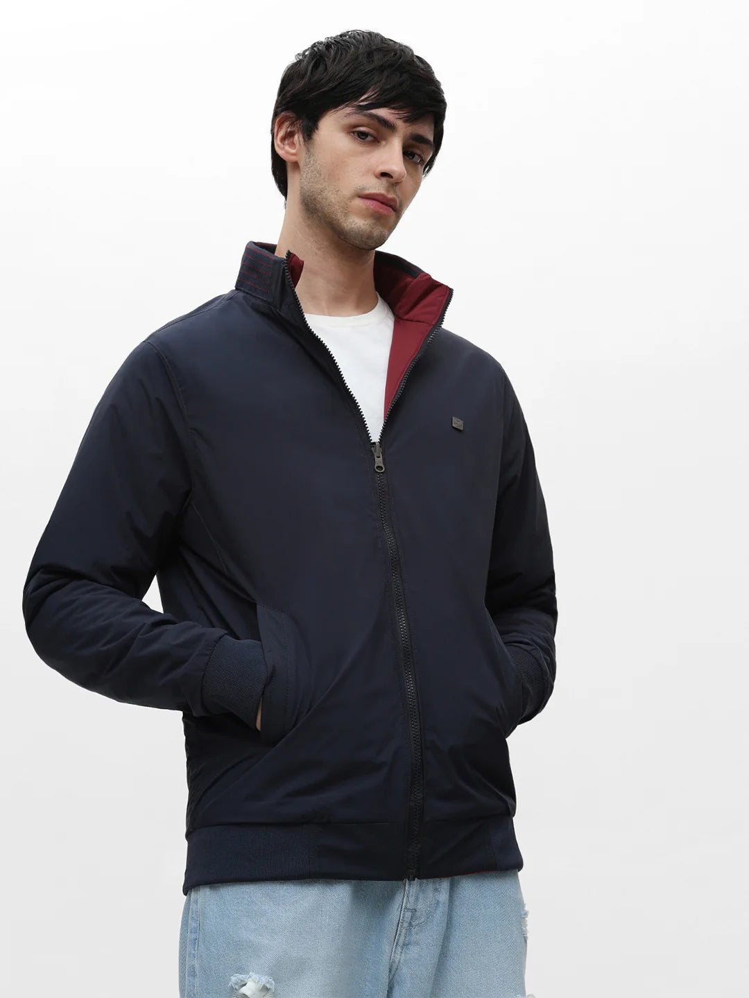 Cherry and Navy Solid Zipper Jacket