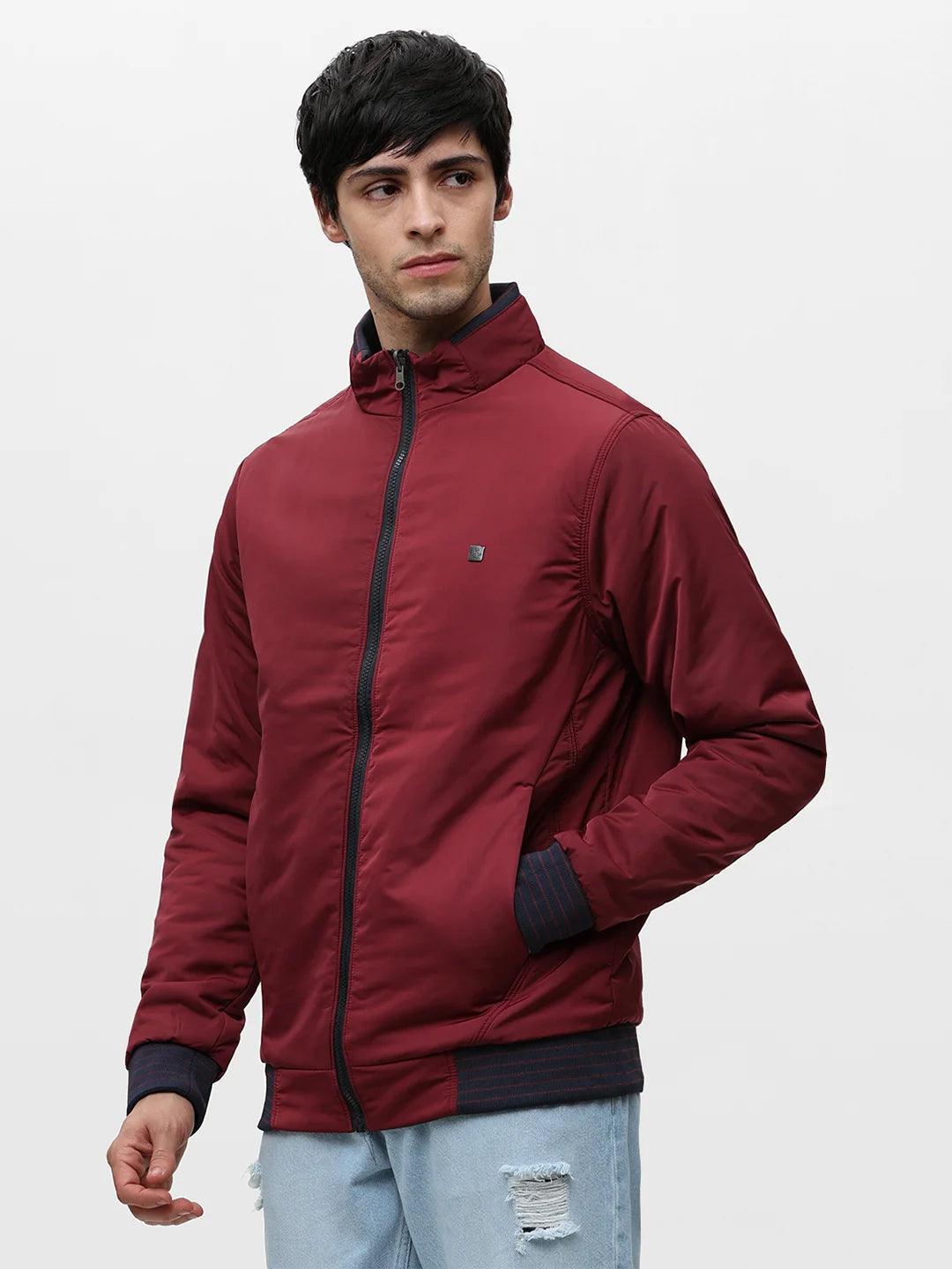 Cherry and Navy Solid Zipper Jacket