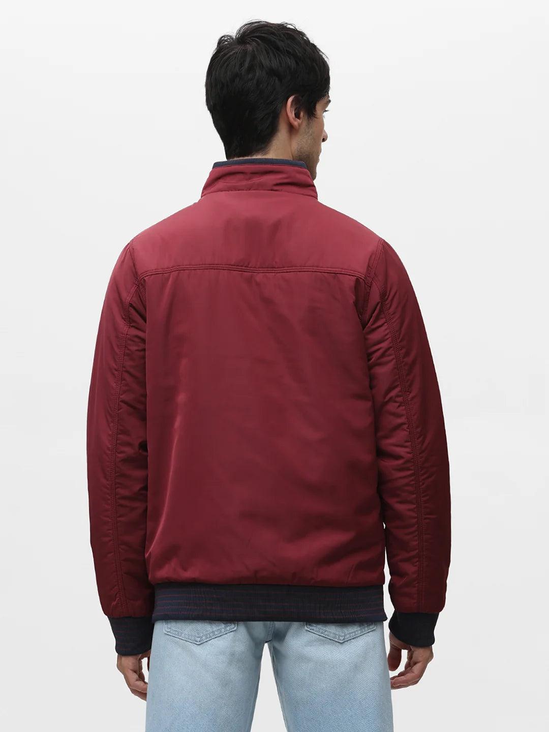 Cherry and Navy Solid Zipper Jacket