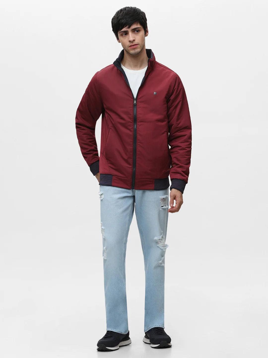 Cherry and Navy Solid Zipper Jacket
