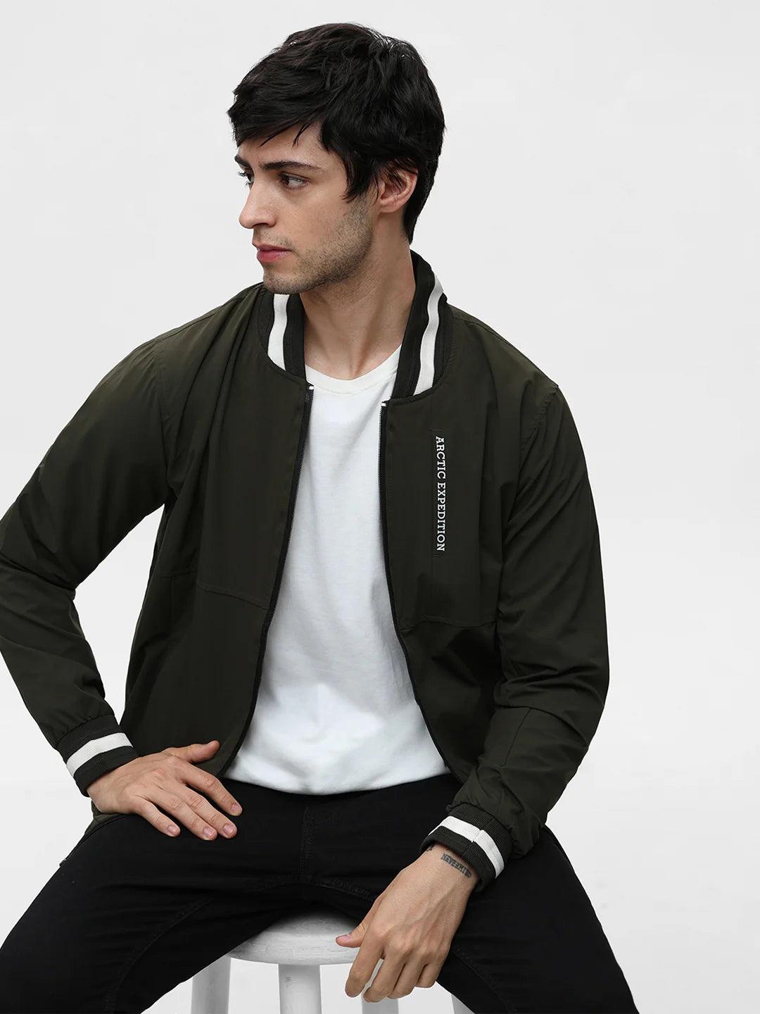 Olive Full Zip Solid Jacket
