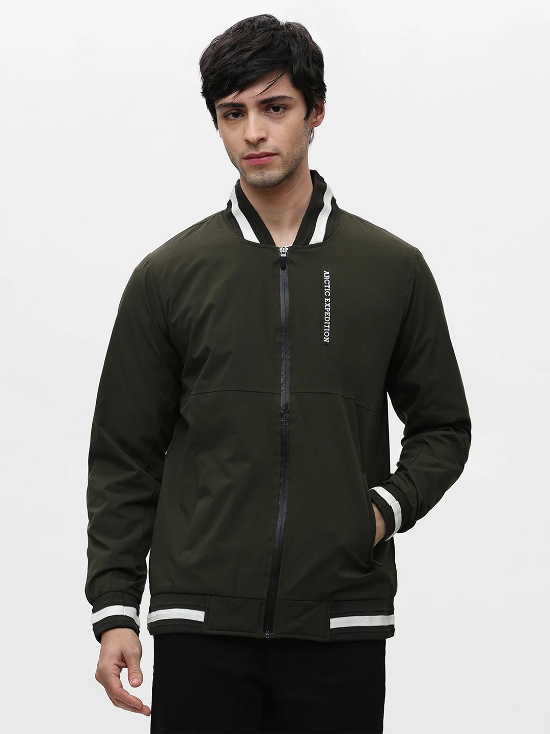 Olive Full Zip Solid Jacket