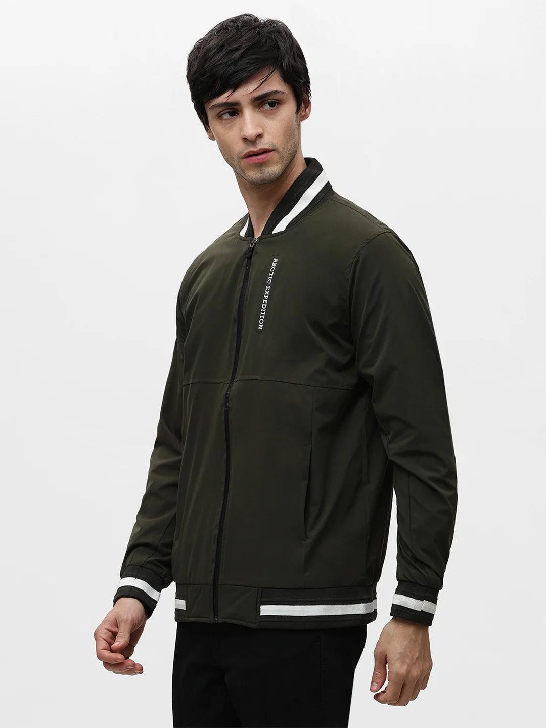 Olive Full Zip Solid Jacket