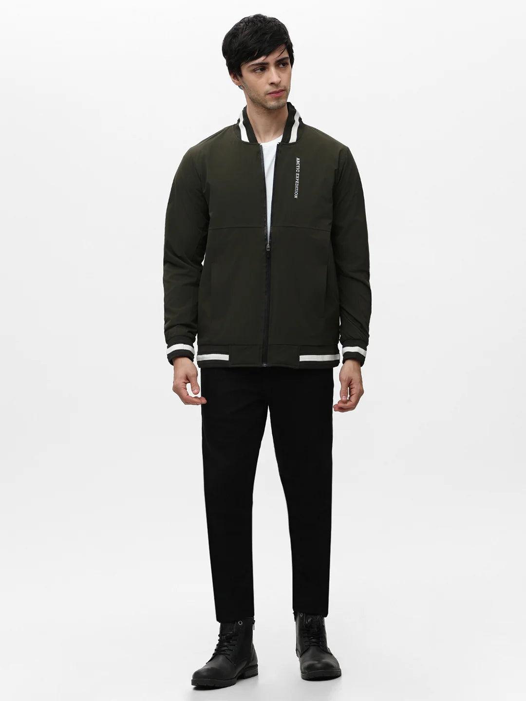 Olive Full Zip Solid Jacket