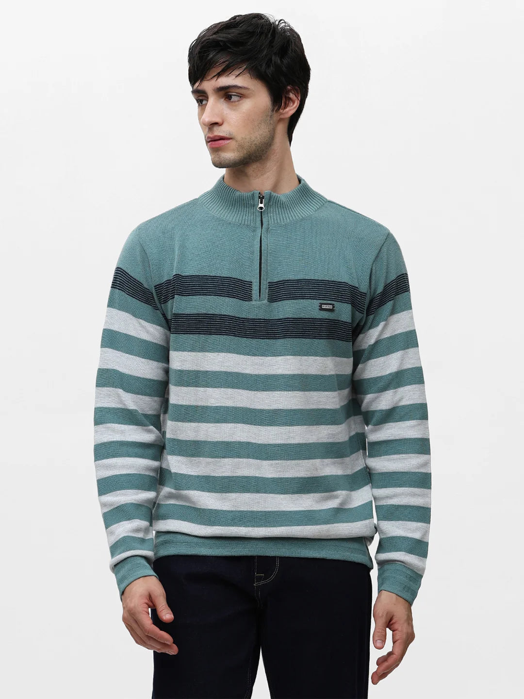 Stripe Code Zipper Persian Green Sweater