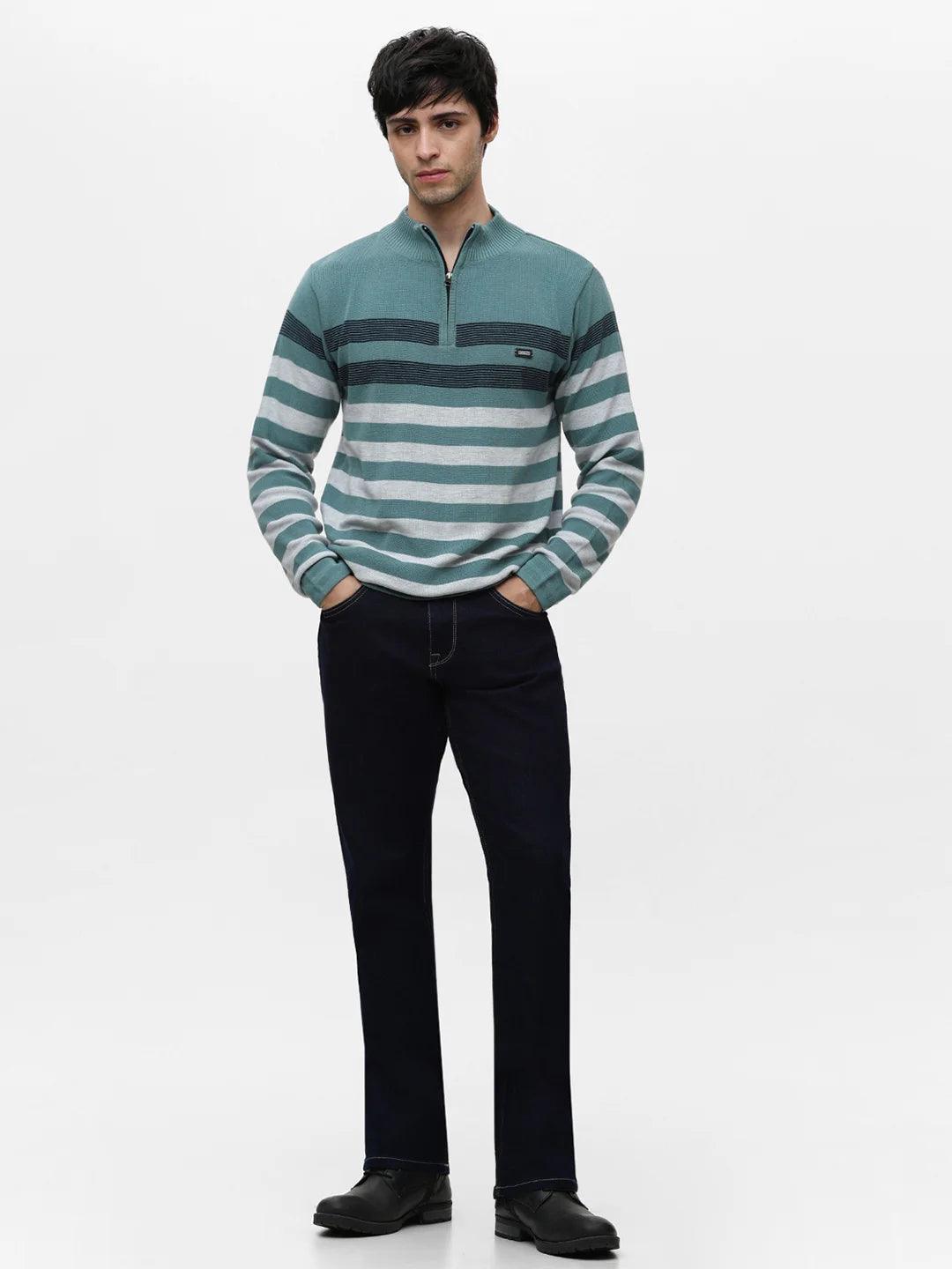 Stripe Code Zipper Persian Green Sweater