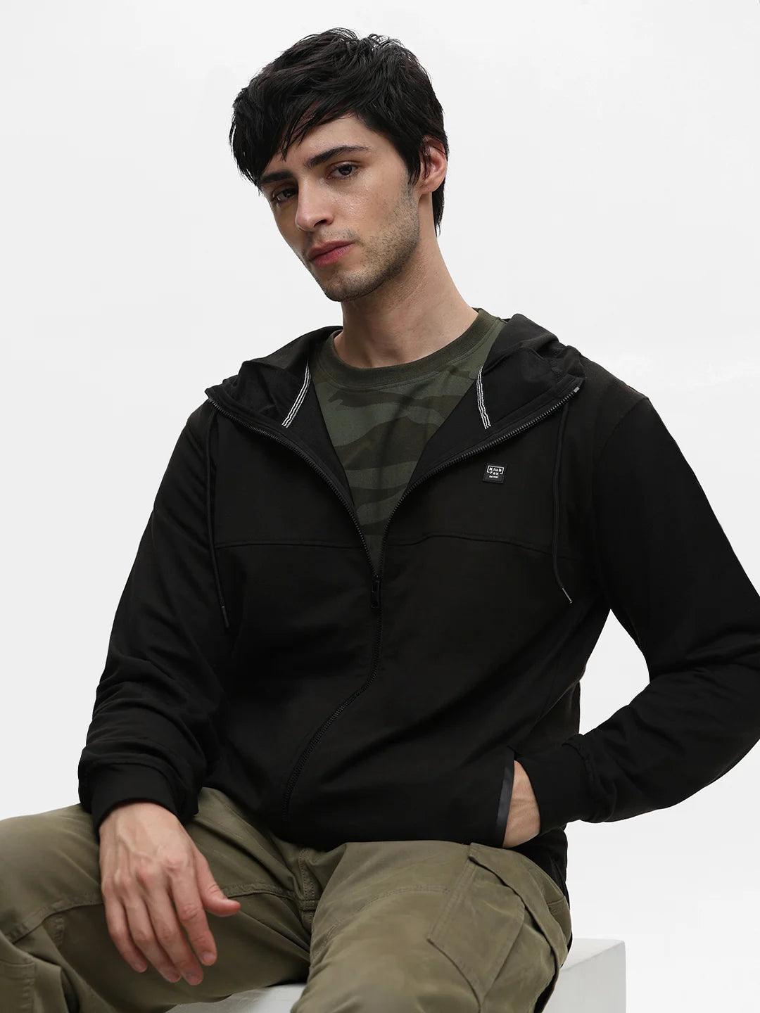 Black Zipper Hood Solid Sweatshirt