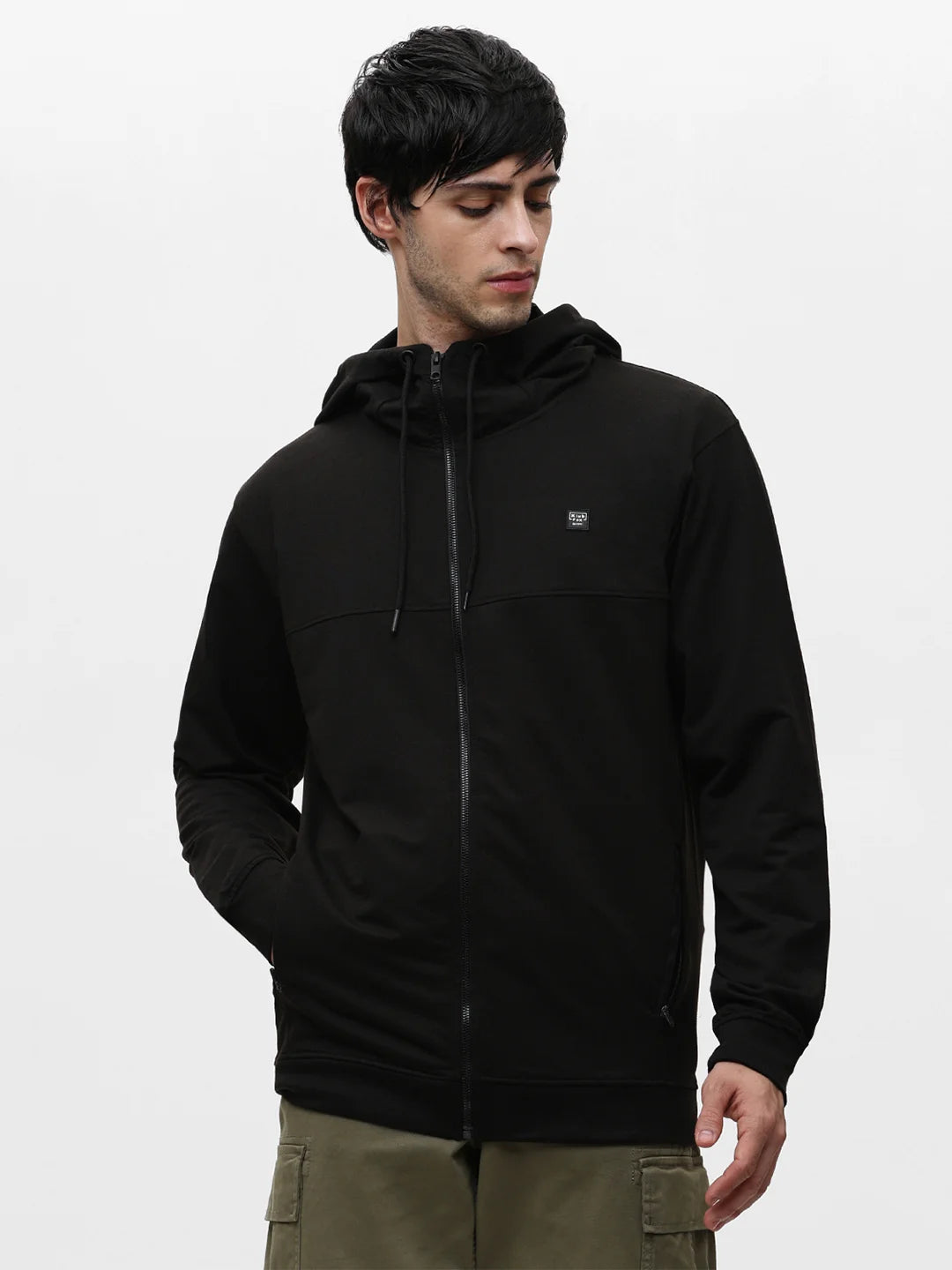 Black Zipper Hood Solid Sweatshirt