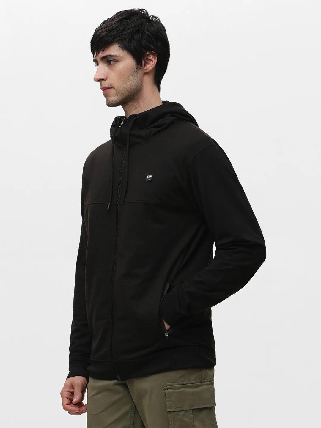 Black Zipper Hood Solid Sweatshirt