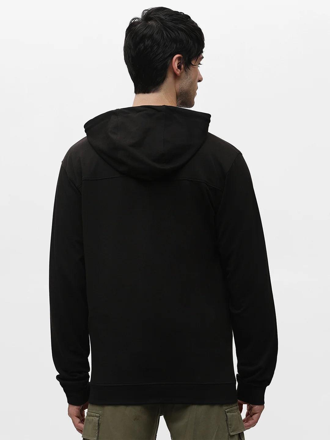 Black Zipper Hood Solid Sweatshirt