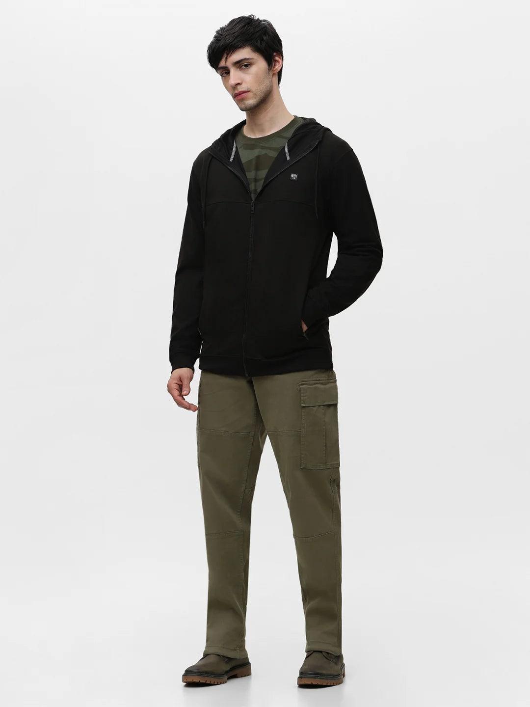 Black Zipper Hood Solid Sweatshirt
