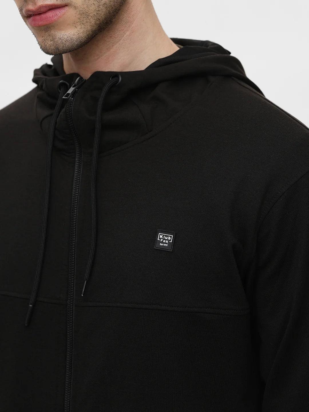 Black Zipper Hood Solid Sweatshirt