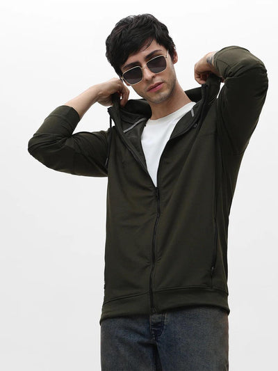 Olive Zipper Hood Solid Sweatshirt
