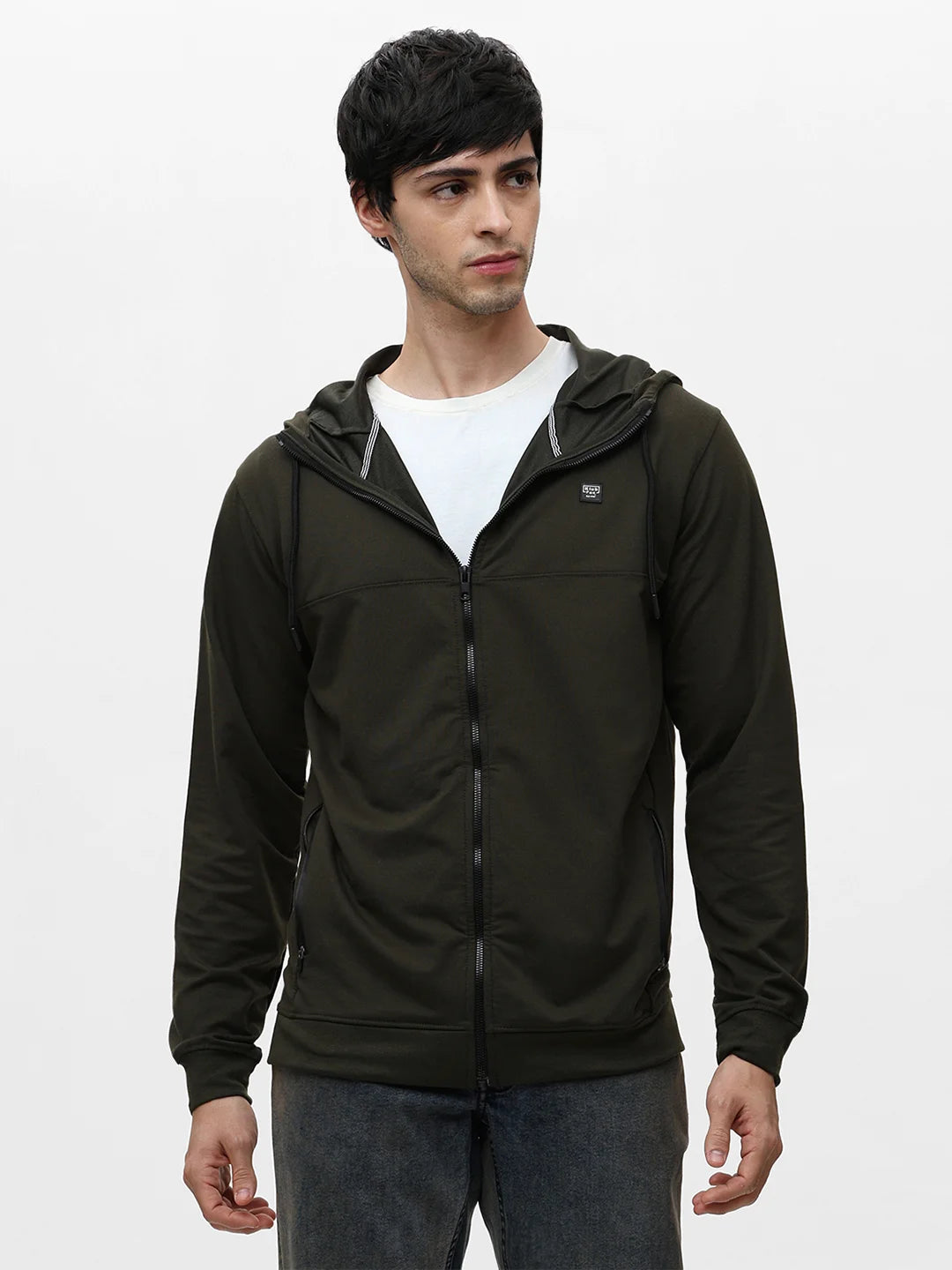 Olive Zipper Hood Solid Sweatshirt