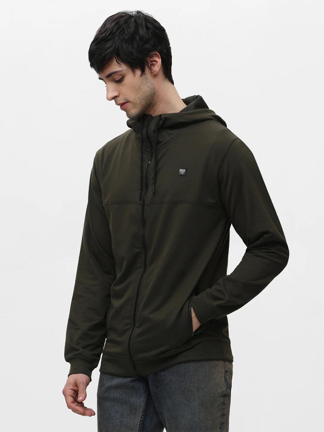 Olive Zipper Hood Solid Sweatshirt