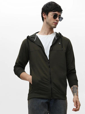 Olive Zipper Hood Solid Sweatshirt