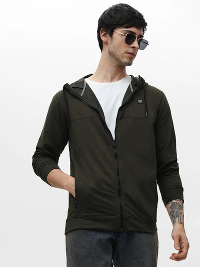 Olive Zipper Hood Solid Sweatshirt