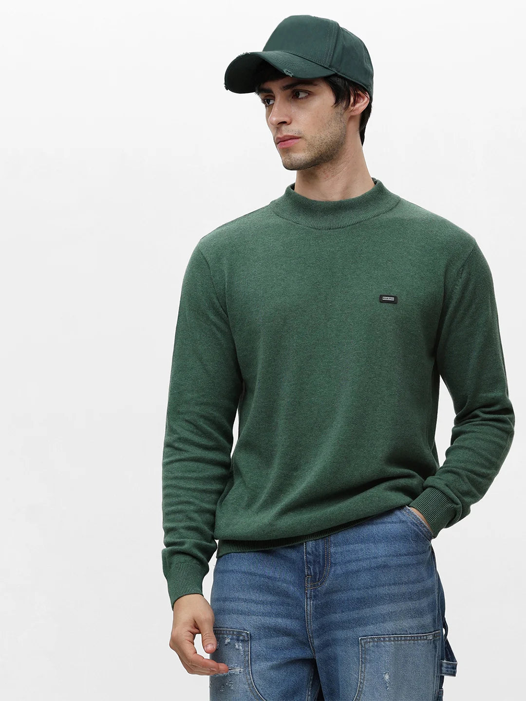 Green Melange High Neck Jacquard Sweater