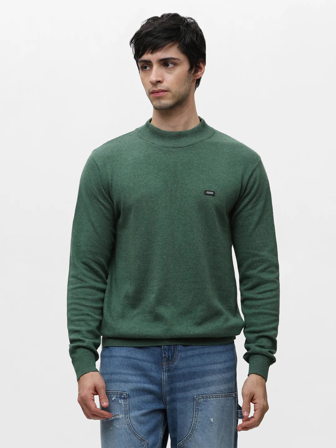 Green Melange High Neck Jacquard Sweater