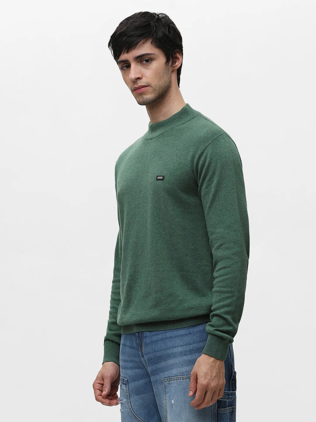 Green Melange High Neck Jacquard Sweater