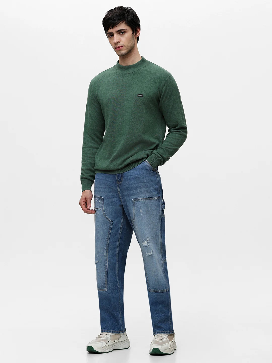 Green Melange High Neck Jacquard Sweater