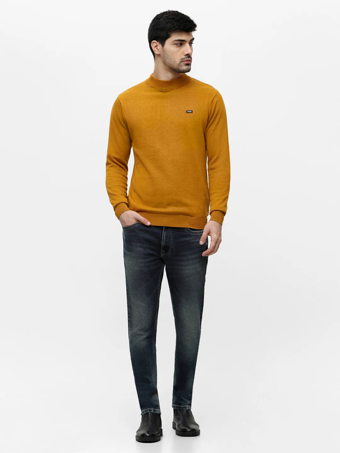 Mustard High Neck Jacquard Sweater