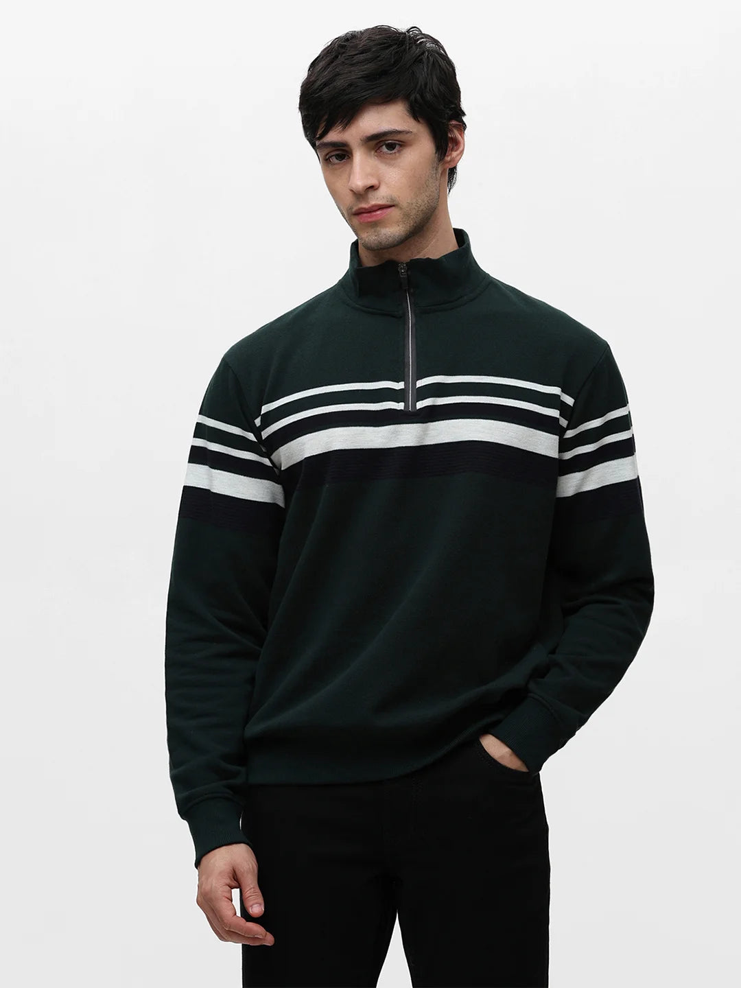 Green High Neck Striped Sweatshirt