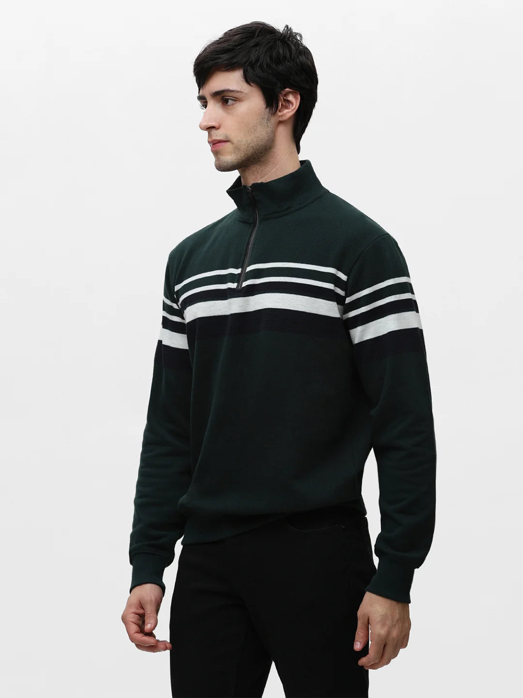 Green High Neck Striped Sweatshirt