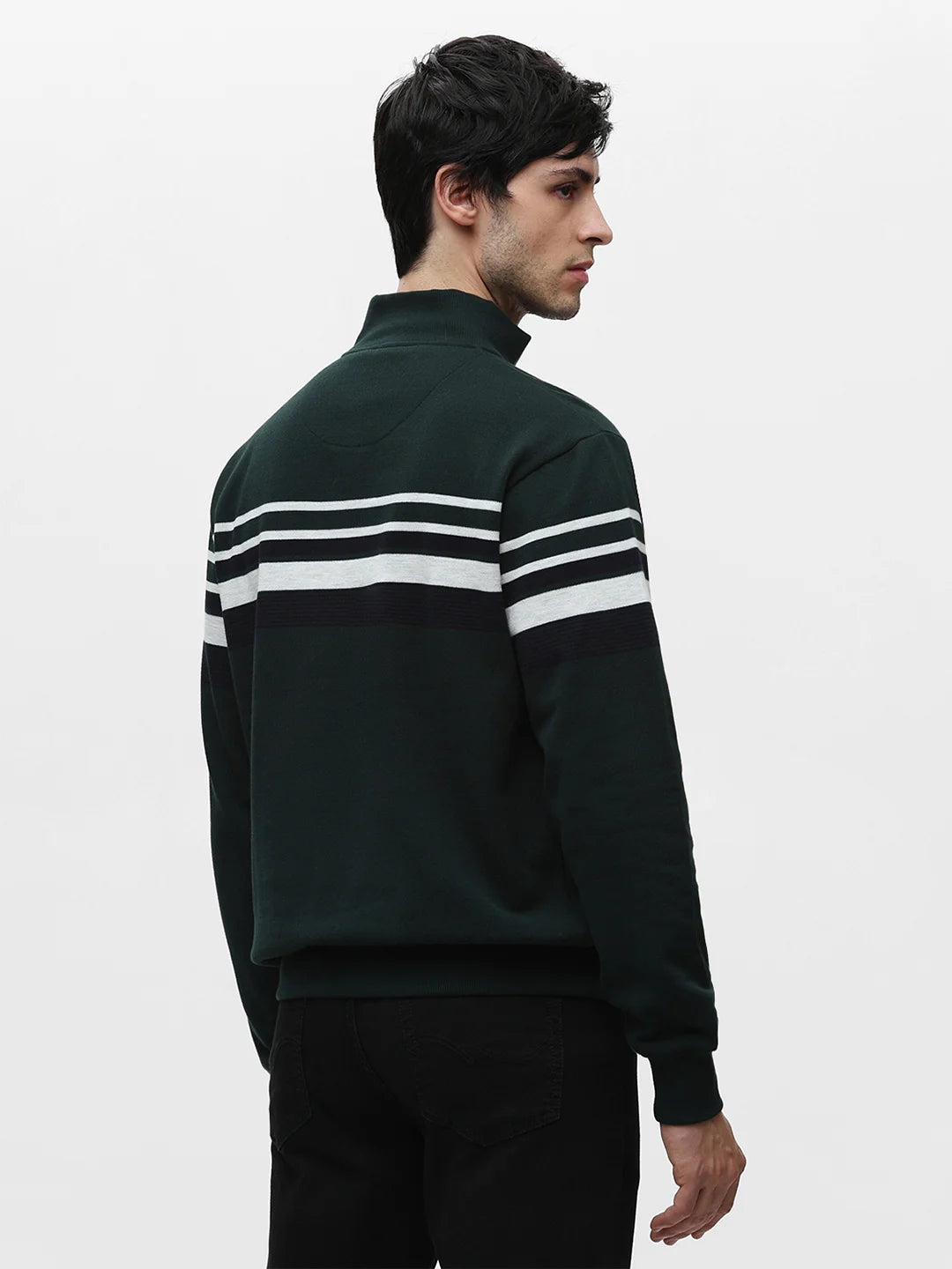 Green High Neck Striped Sweatshirt