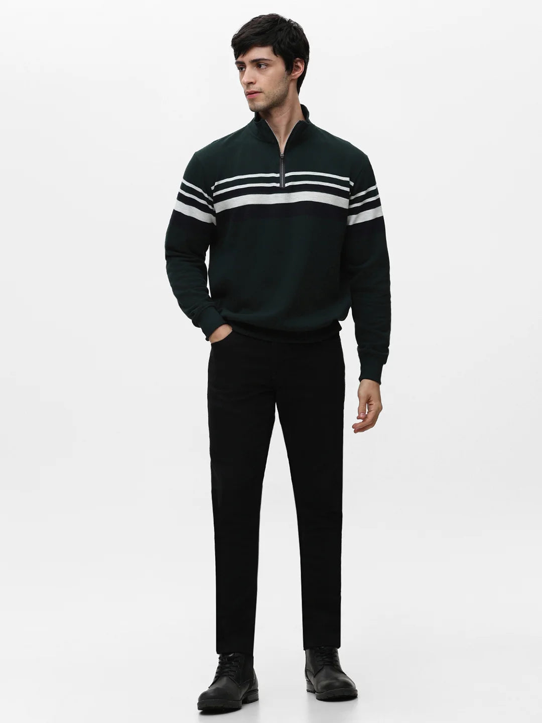 Green High Neck Striped Sweatshirt