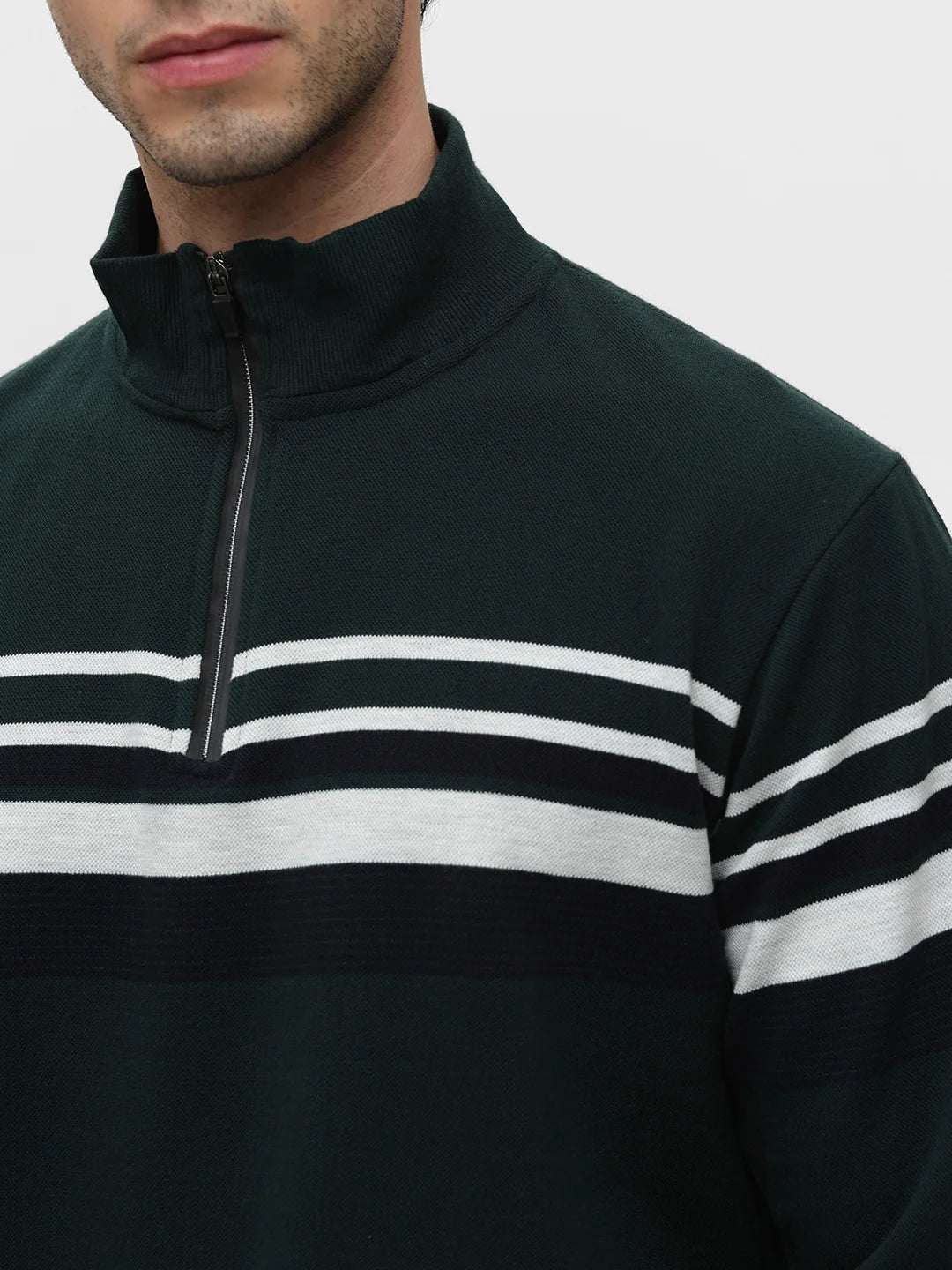 Green High Neck Striped Sweatshirt