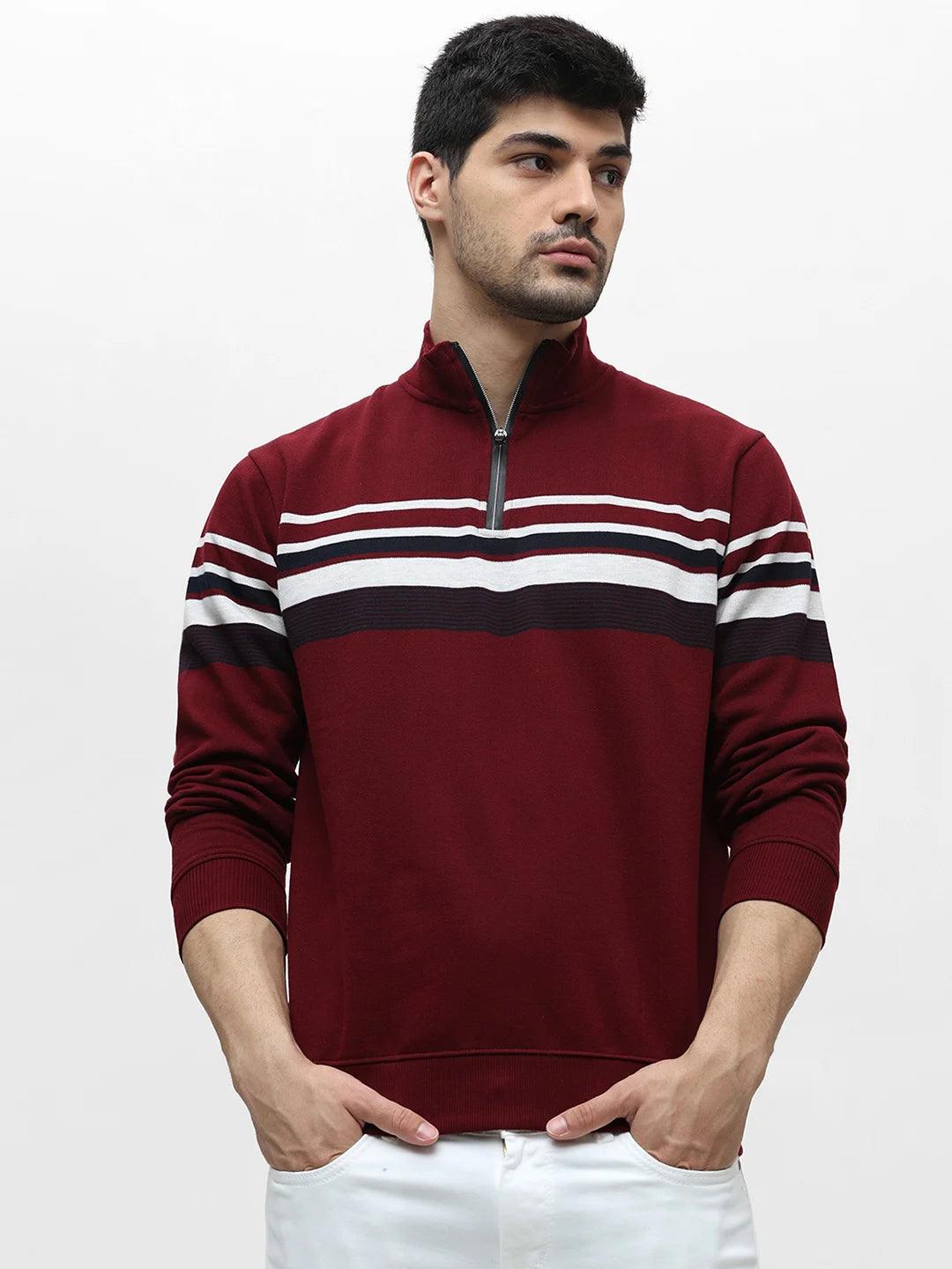 Maroon High Neck Striped Sweatshirt